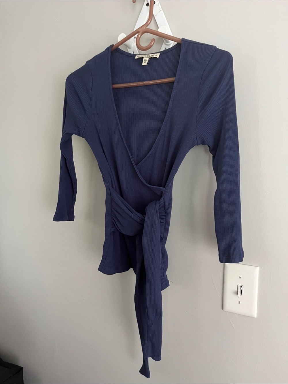 Express Navy Ribbed Wrap Top with Self-Tie